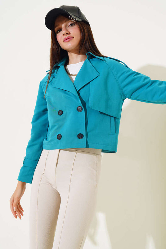 Kol ve Omuz Apoletli Kısa Ceket Petrol Yeşili