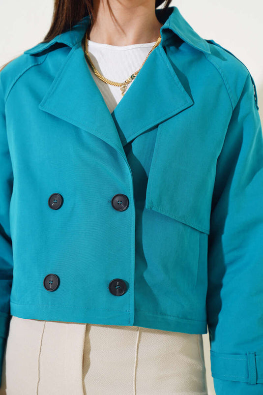 Kol ve Omuz Apoletli Kısa Ceket Petrol Yeşili