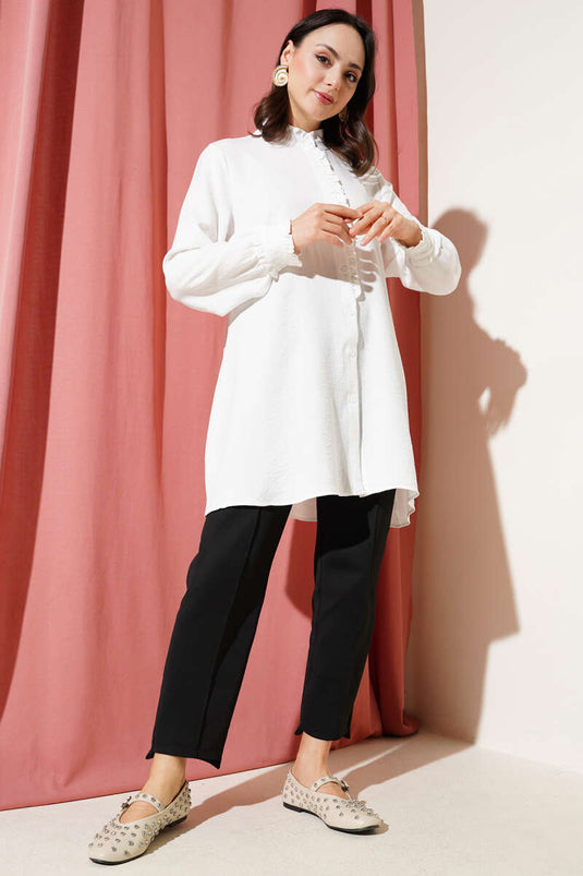 Sleeve and Collar Ruffle Detailed Shirt Ecru
