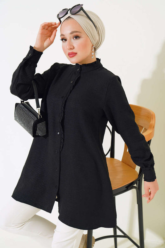 Mouw en kraag geplooid gedetailleerd shirt zwart