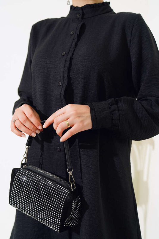 Mouw en kraag geplooid gedetailleerd shirt zwart