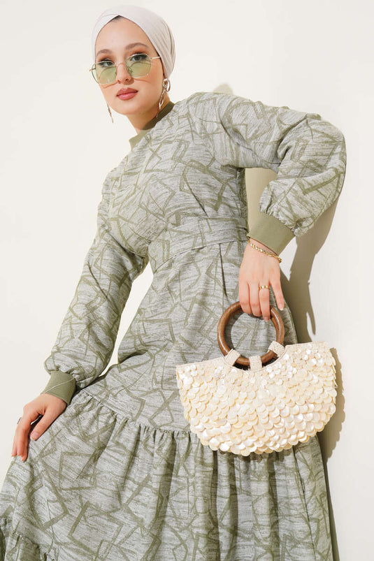 Sleeve and Collar Ribbed Patterned Dress Khaki