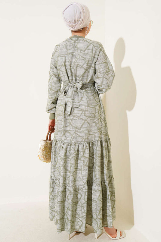 Sleeve and Collar Ribbed Patterned Dress Khaki