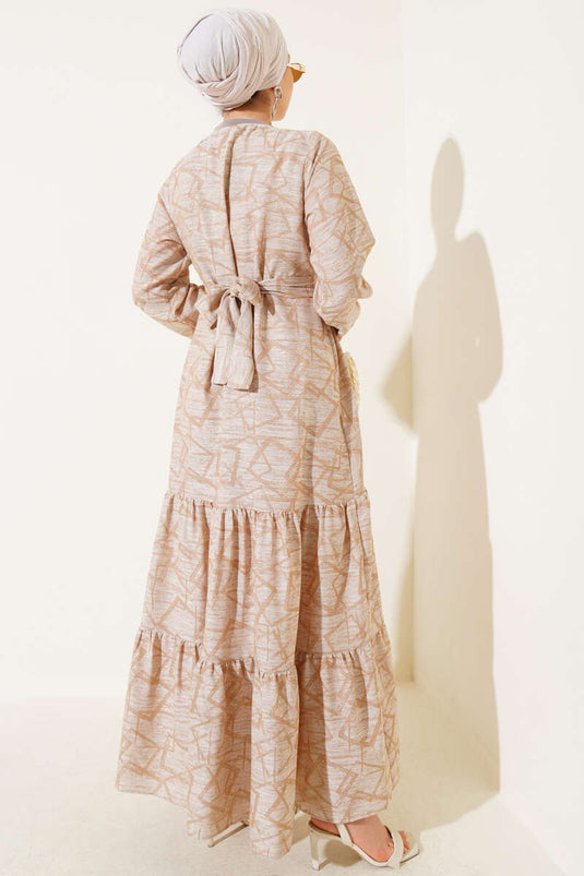 Sleeve and Collar Ribbed Patterned Dress Beige