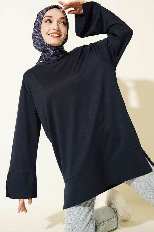 Navy Blue Tunic with Sleeve Slit Loyşa