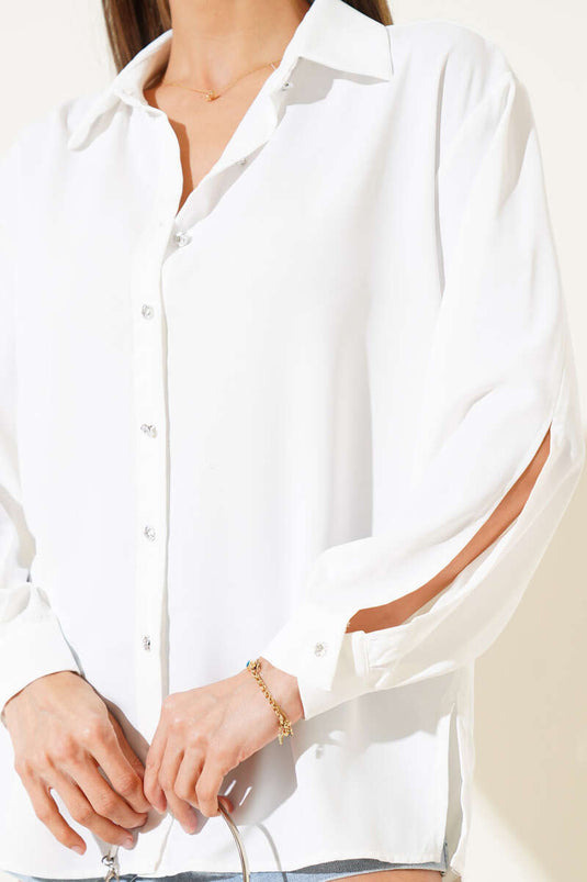 Sleeve Slit Chiffon Shirt White