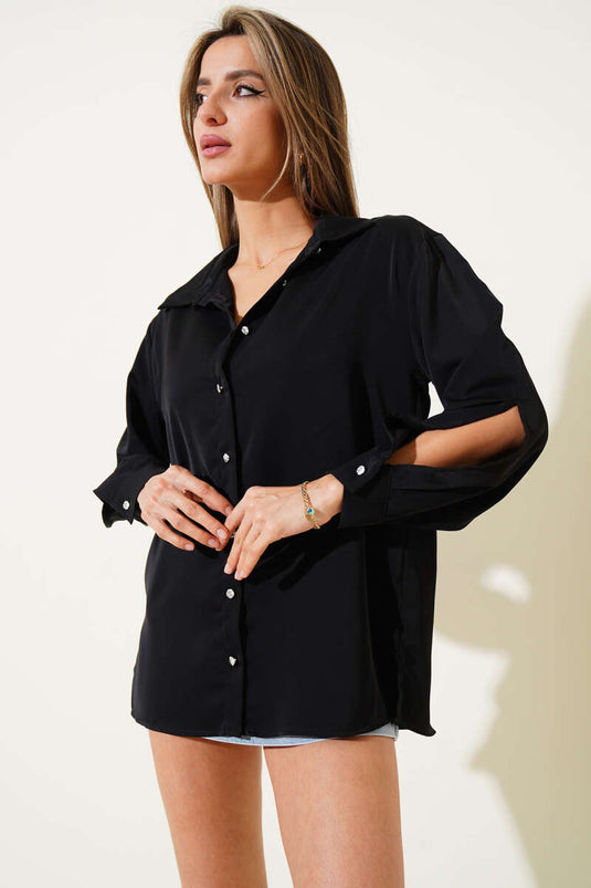 Chemise en mousseline noire à manches fendues