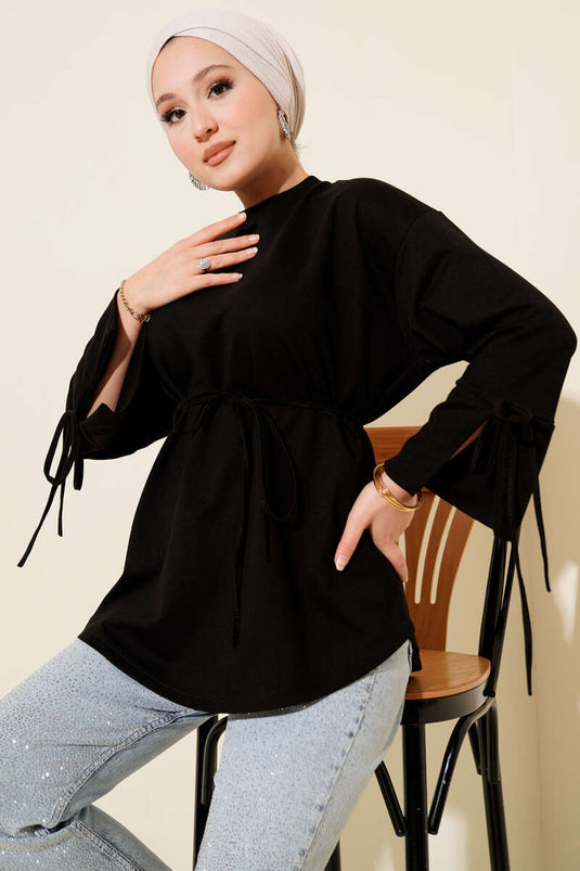 Tunique à deux cordons et manches lacées, noire