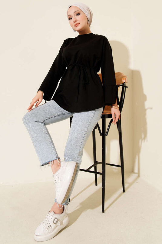 Tunique à deux cordons et manches lacées, noire