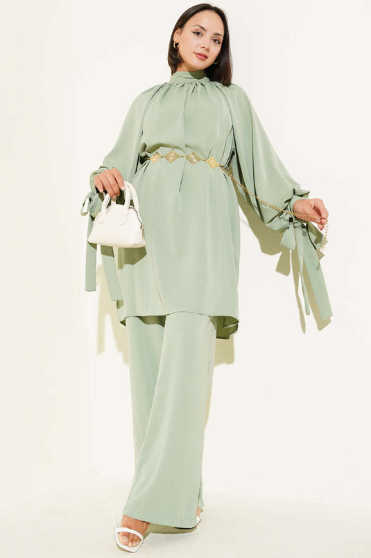 Abito due pezzi con maniche annodate, verde mandorla