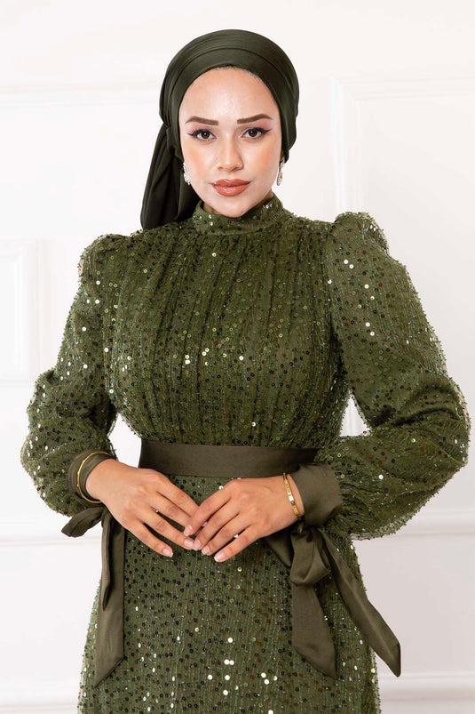 Robe de soirée hijab à paillettes et paillettes kaki avec manches nouées