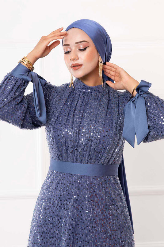 Abito da sera Hijab con paillettes e maniche annodate Indaco