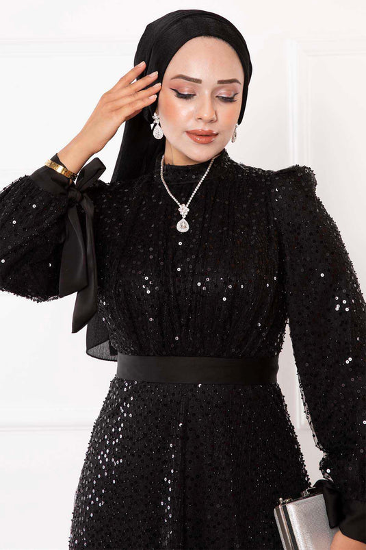 Abito da sera Hijab con paillettes Nero con maniche annodate