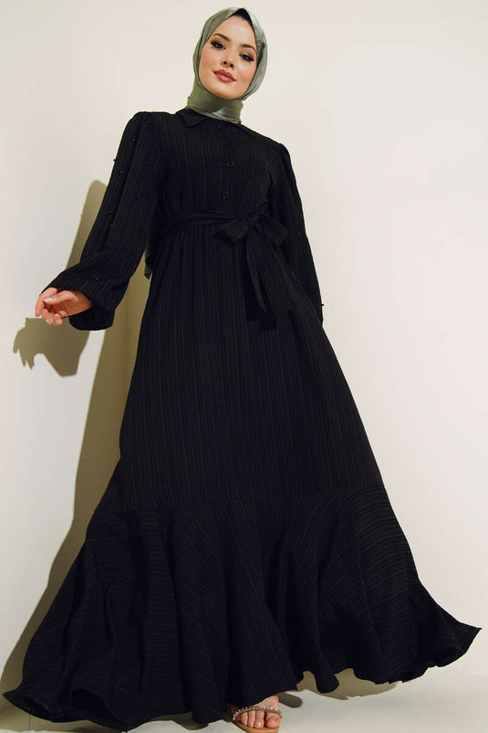 Robe Ceinturée avec Détail de Perles sur les Manches Noir