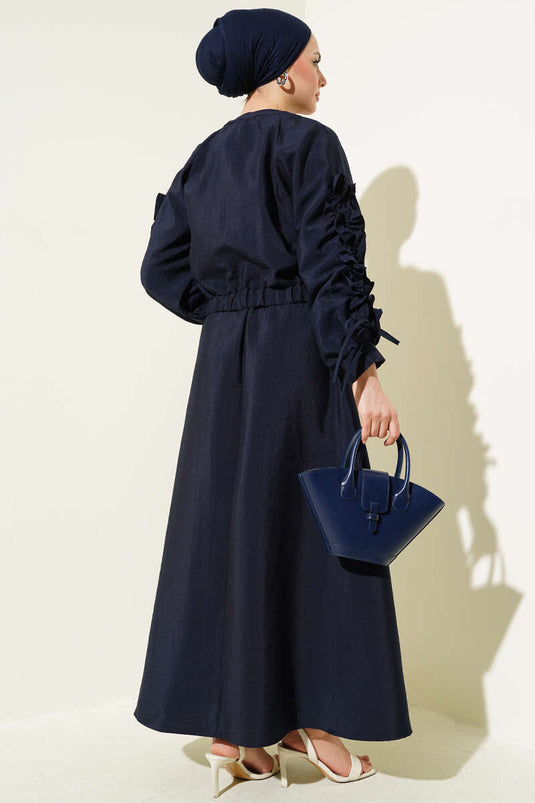 Navy Blue Double-Piece Vest and Jacket Set with Gathered Sleeves