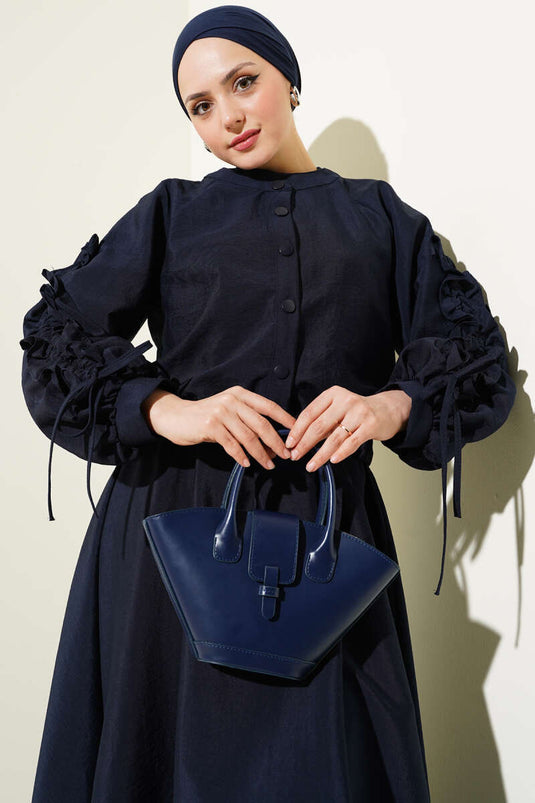 Navy Blue Double-Piece Vest and Jacket Set with Gathered Sleeves