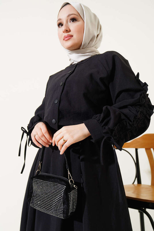 Zweiteiliges Set mit Jacke und Weste mit gerafften Ärmeln in Schwarz