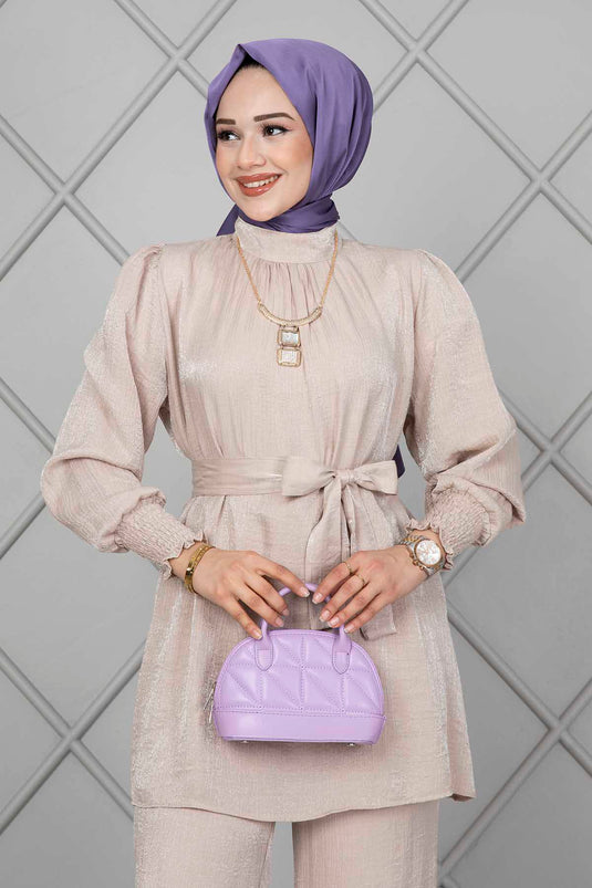 Completo Hijab Doppio con Maniche Arricciate, Crema