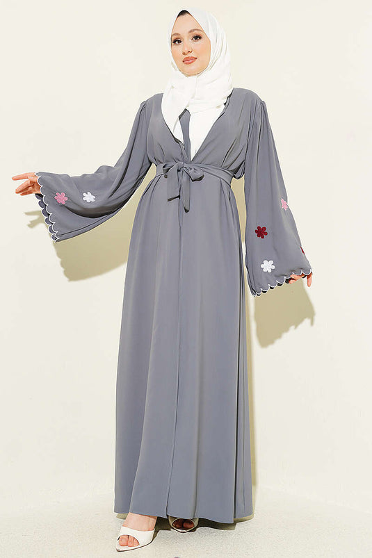 Kolları Çiçek Nakışlı Abaya Gri