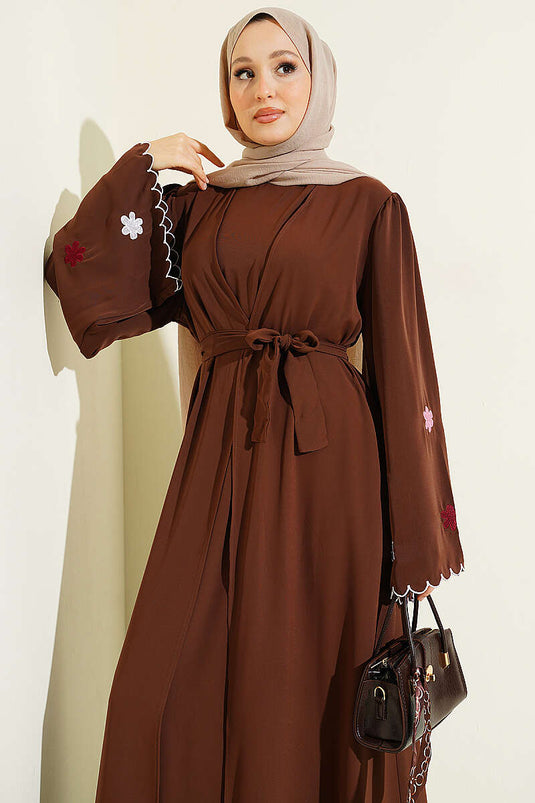 Kolları Çiçek Nakışlı Abaya Kahve