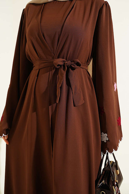 Kolları Çiçek Nakışlı Abaya Kahve