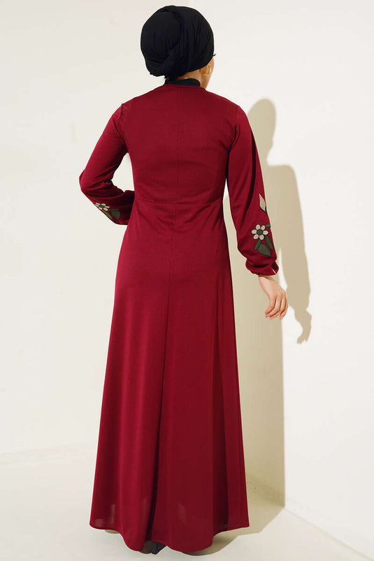 Robe Manches Brodées Florales Rouge Claret