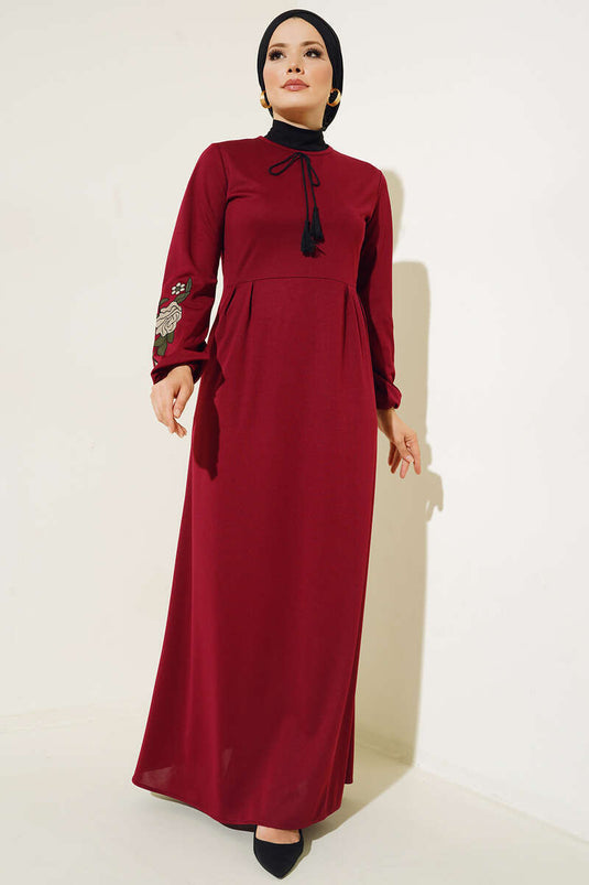 Robe Manches Brodées Florales Rouge Claret