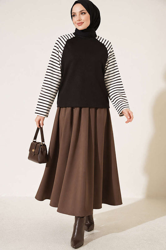 Kolları Çizgili Basic Sweatshirt Kahve