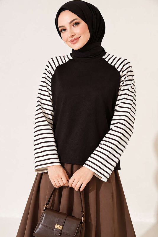 Kolları Çizgili Basic Sweatshirt Kahve