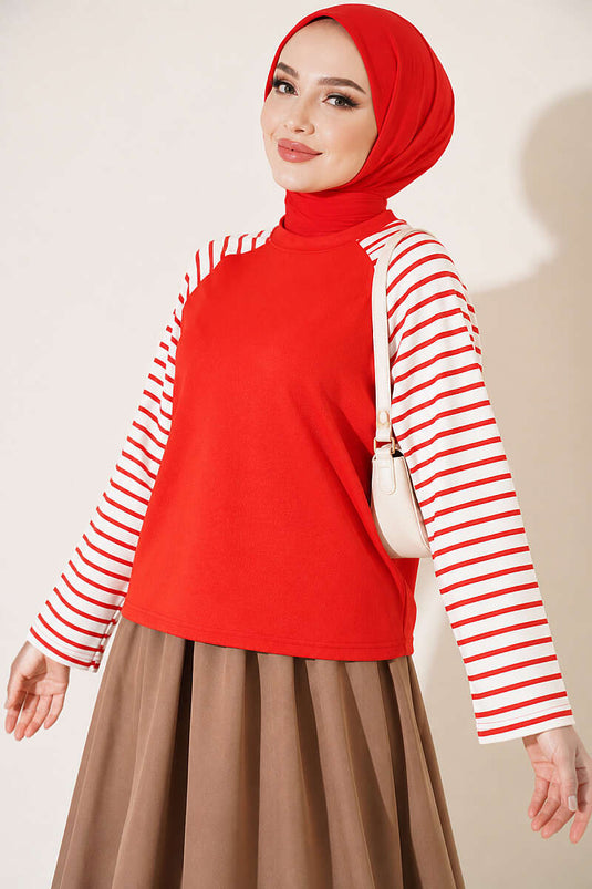 Rotes Gestreiftes Basic Sweatshirt Mit Langarm