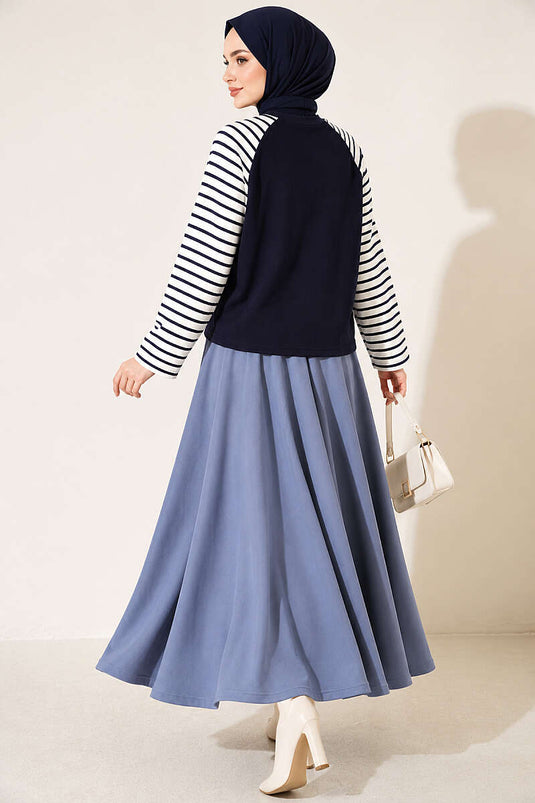 Kolları Çizgili Basic Sweatshirt Lacivert