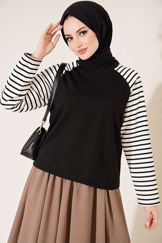 Gestreiftes Basic-Sweatshirt Mit Schwarzen Ärmeln
