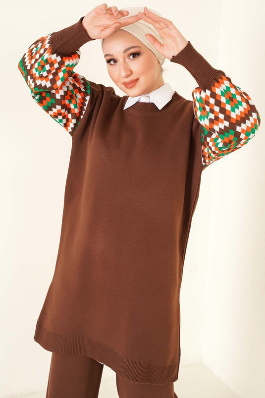 Patterned Sleeve Knit Two-Piece Set Brown