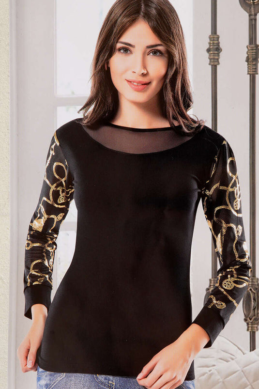 Lange mouwen dames body met patroonmouwen zwart