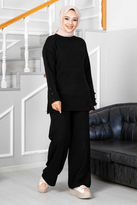 Black Knit Set with Button Detail on Sleeves