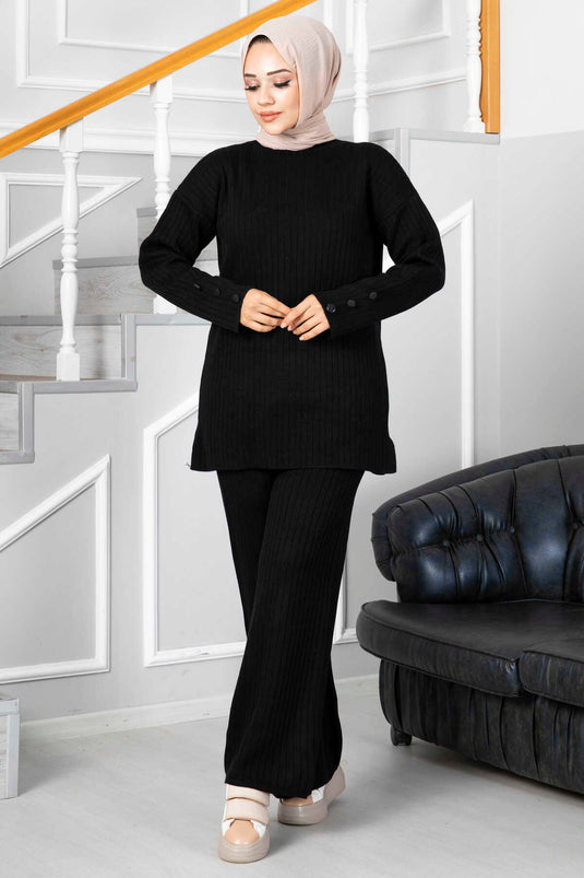 Black Knit Set with Button Detail on Sleeves