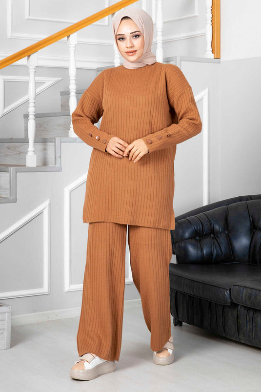 Button Detail Sleeve Knit Set Camel