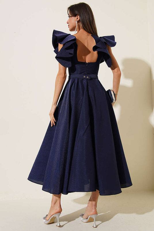 Avondjurk met ruches aan de mouwen, marineblauw