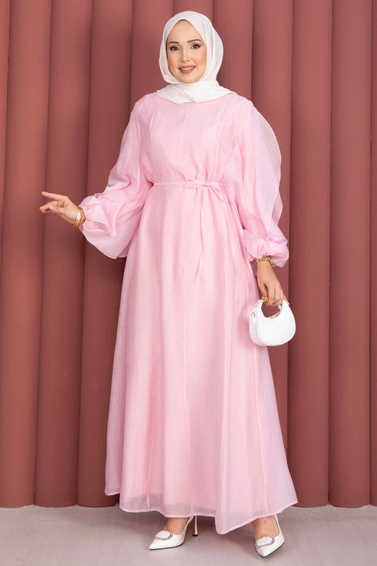 Robe de modest fashion à manches volantées avec ceinture, rose
