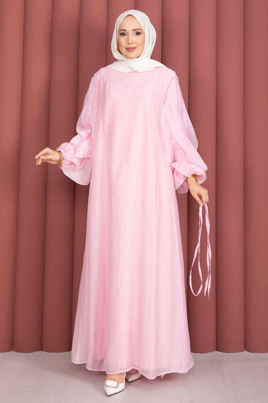 Robe de modest fashion à manches volantées avec ceinture, rose