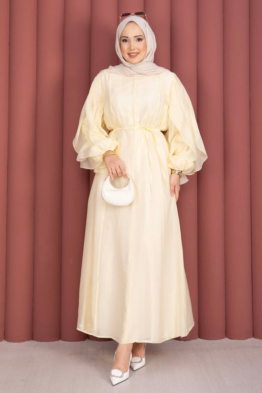 Robe de modest fashion à manches volantées avec ceinture, jaune