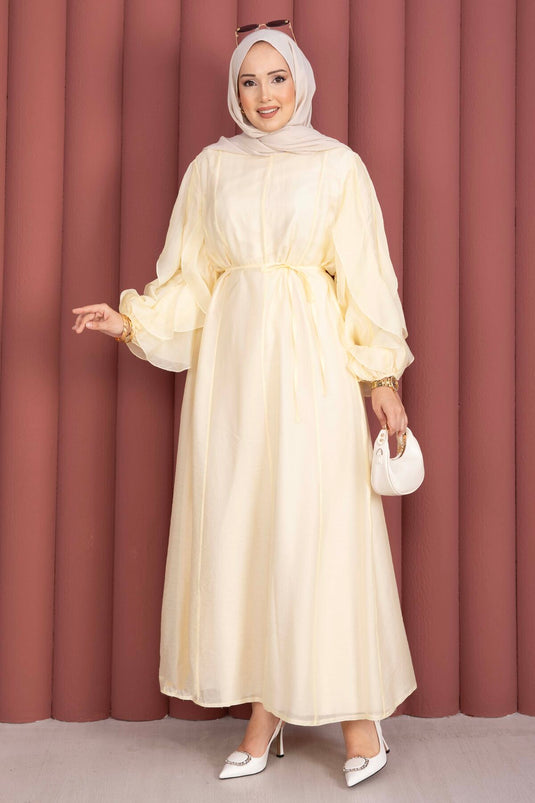 Robe de modest fashion à manches volantées avec ceinture, jaune