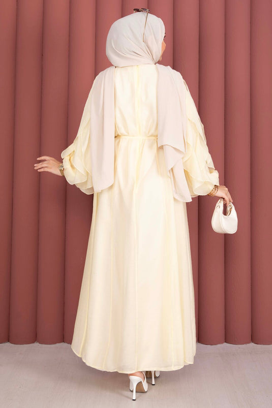 Robe de modest fashion à manches volantées avec ceinture, jaune