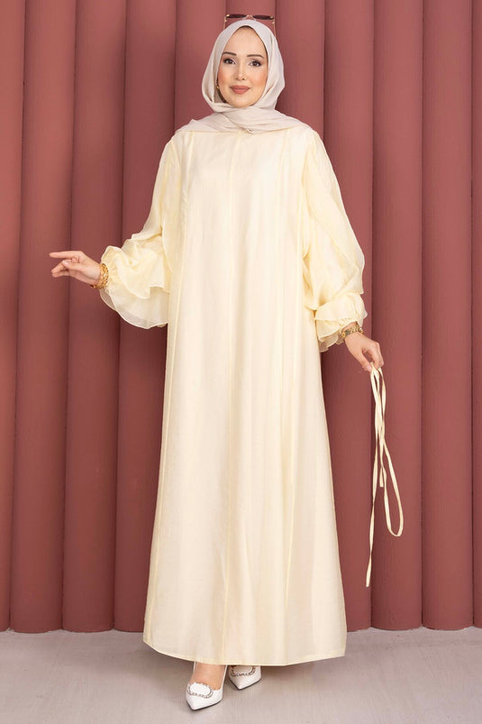 Robe de modest fashion à manches volantées avec ceinture, jaune