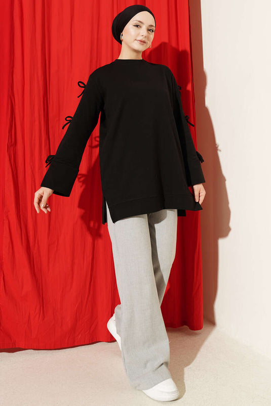 Kolları Fiyonk Detaylı Tunik Siyah