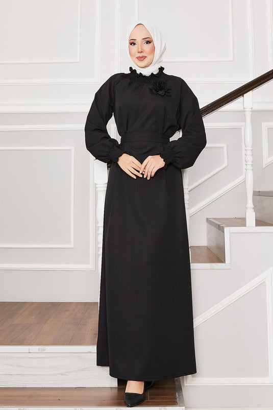 Hijab Dress with Rose Brooch and Gipel Sleeves, Black