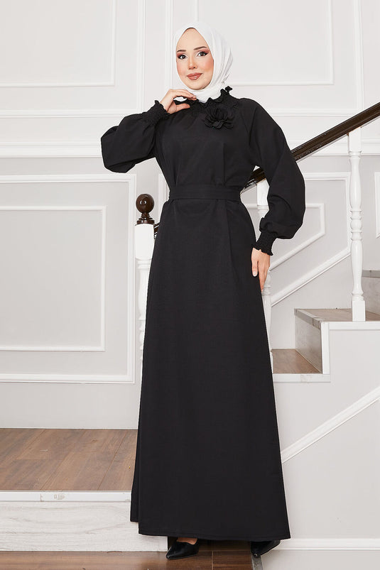 Hijab Dress with Rose Brooch and Gipel Sleeves, Black