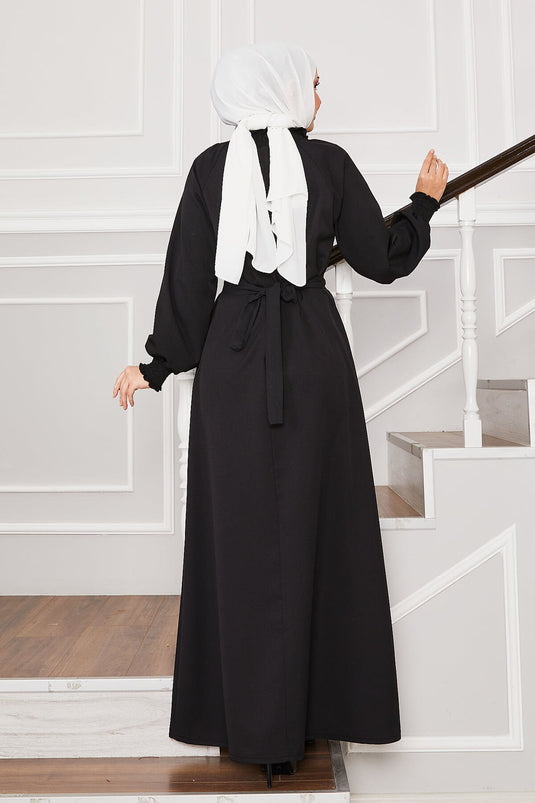 Hijab Dress with Rose Brooch and Gipel Sleeves, Black