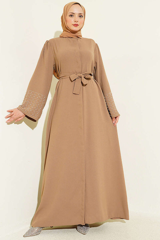 Kolları İnci Süslemeli Abaya Latte