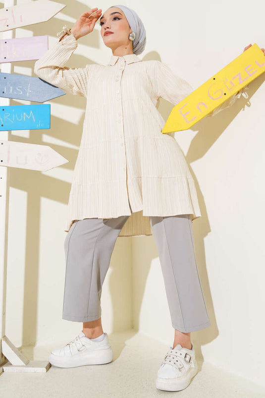 Camicia con maniche annodate con corda, beige